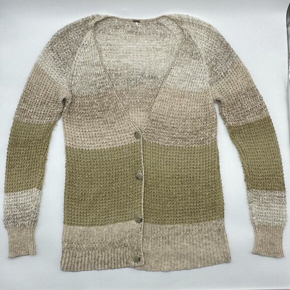 Free People Lake Tahoe Size Large Beige Colorblock Button Front Long Cardigan - Picture 3 of 12